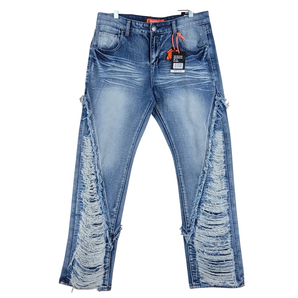 RGSTR Jeans Mens 34x32 Blue Straight Fit Distressed Frayed Stretch Denim